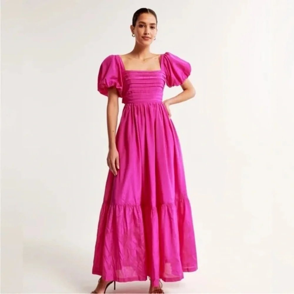 Abercrombie & Fitch Hot Pink Puff-Sleeve Maxi Dress
